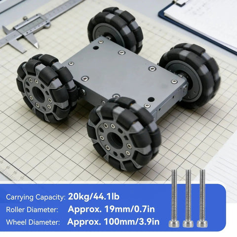 Top view of 100mm omnidirectional wheel robot platform with dual plastic wheels, rubber rollers, and 20kg load capacity on desk