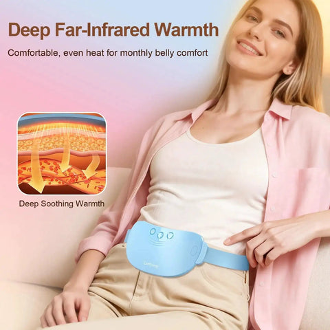 Woman wearing a blue Cordless Portable Heating Pad For Period Cramps On The Go, showing deep FIR heat benefits.