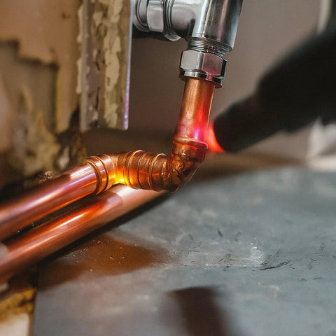 Close-up of copper straight sweat coupling for 3/8 in ID HVAC piping under a valve