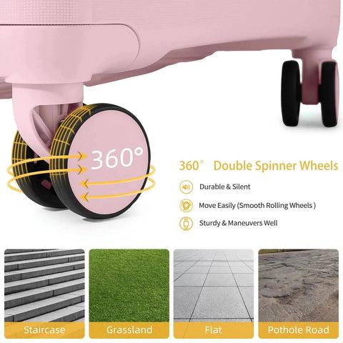 Close-up of orchid pink suitcase with 360 degree spinner wheels, part of 3 Piece Luggage Set For Women With Hardside PP Suitcases And Duffle Bag