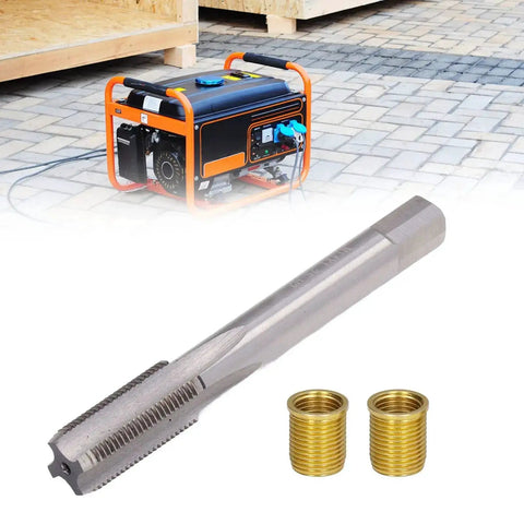 Real Deal Spark Plug Thread Repair Kit With M12 X 1.25 Inserts And M14 X 1.25 Tap, shown with two brass inserts and a generator