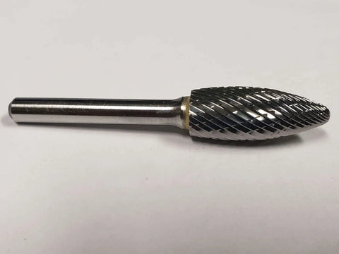 1/2 Inch SH-5 Burr Flame Style Double Cut Solid Carbide for precision deburring, rounding, and shaping of metal workpieces on rotary tools