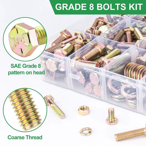 608-Piece Heavy Duty Grade 8.8 Alloy Steel Bolts And Nuts Assortment Kit With SAE And Metric Sizes For DIY Projects shown in box