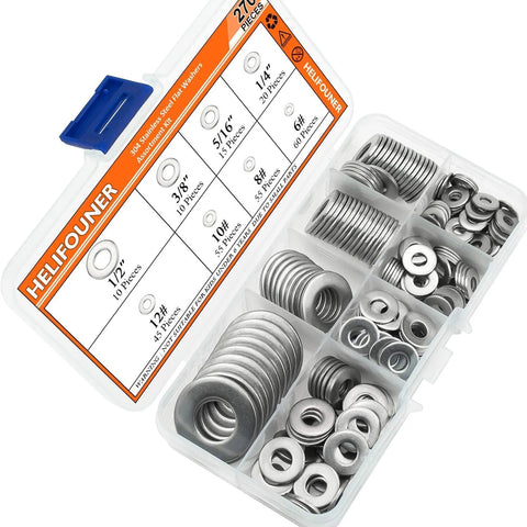 HELIFOUNER 270-piece stainless steel flat washers assortment kit in a clear case, 8 sizes: 1/2, 3/8, 5/16, 1/4, 12#, 10#, 8#, 6#.
