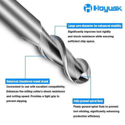 Close-up of a three eighths inch carbide ball nose end mill with two flutes, highlighting features for CNC cutting on various steels and alloys.