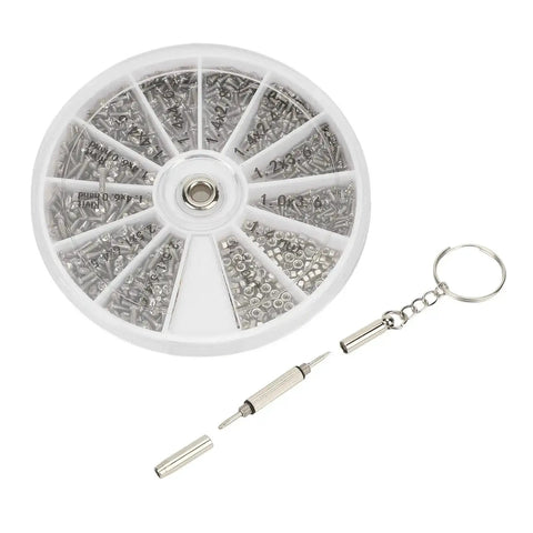 Screw Nut Assortment Kit With 600 Pieces Stainless Steel Mini Screws And Nuts, organized in a round case with screwdriver tool.