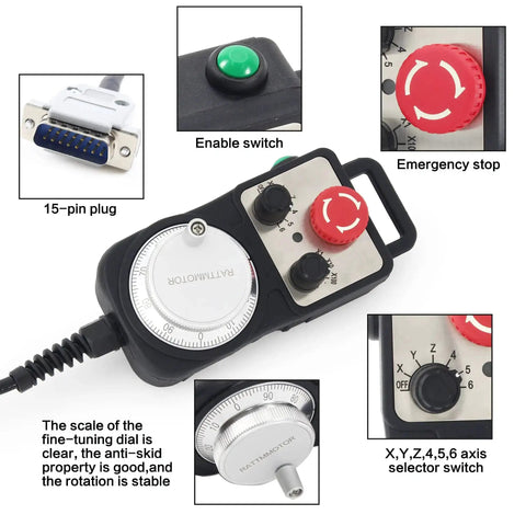 5 Axis CNC Pendant Handwheel With Emergency Stop and 15-Pin Connector for DDCSV41, showing control panel and features.