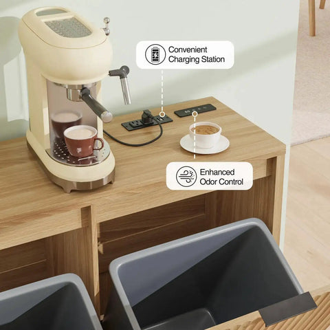 Double Tilt Out Trash Can Cabinet With Odor Control And Built In Outlets Fluted Design Hidden 13 Gallon Bin Storage Modern Kitchen Cabinet