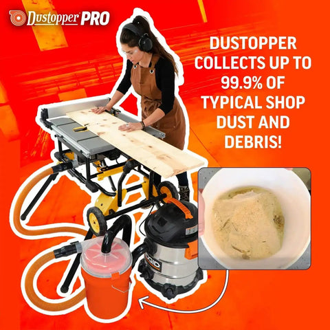 Low Profile Dust Separator Pro Grade For Your Shop Vacuums With High Flow 90 Degree Sweep Elbows And Connection Hose Fits Standard 5 Gallon Buckets Made In USA connected to a vacuum system with woodworker.