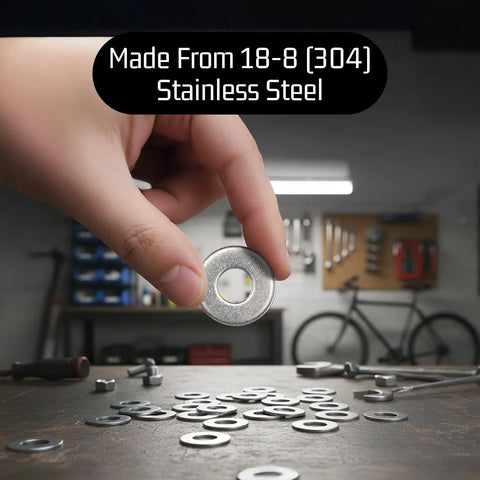Front view: stainless steel flat washer, 1/4 in ID, 5/8 in OD, 0.078 in thick, 18-8 (304) SS bulk pack