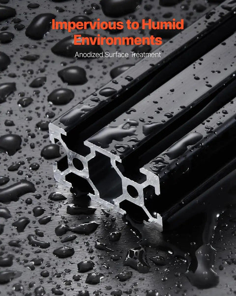 Close-up of Four 39.4 Inch T Slot 2040 Aluminum Extrusion Profiles with Anodized Linear Rails in black, wet with water droplets.