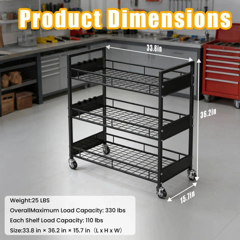 Heavy Duty 3 Tier Metal Utility Cart With Locking Casters And 330 Lbs Load Capacity Rolling Storage Organizer in workshop