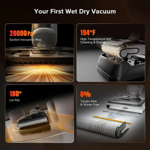 All In One Cordless Vacuum Mop For Hard Floors With 20000Pa Suction Wet Dry Cleaning Edge To Edge Self Cleaning Electric Mop With 180 Degree Lie Flat Perfect For Tile Hardwood Vinyl Laminate Floors shown in four feature displays
