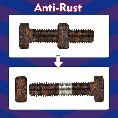 Before and after images of a rusted bolt showing effectiveness of medium strength blue thread locker for nuts bolts and fasteners 50 ml.