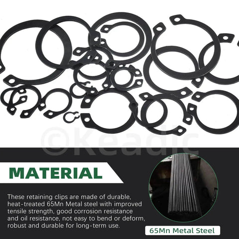 Alloy Steel C Clip Retaining Ring Kit 266 Pieces 21 Sizes From M4 To M28 External Circlips displayed with material info