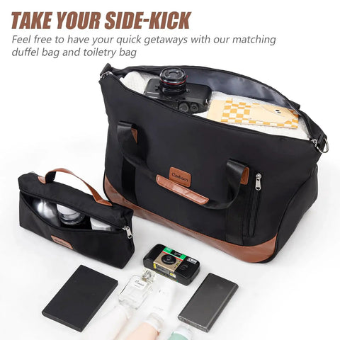 Road Ready Five Piece Luggage Set With Wheels Featuring Durable ABS Hard Shell TSA Lock And Smooth Spinner Wheels Includes Grab And Go 28 Large 24 Medium 20 Carry On Luggage Plus Extended Duffle And Toiletry Bag By Cosbarn, showing duffle and toiletry bag with travel essentials.