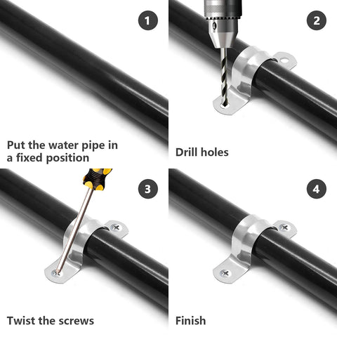Stainless steel conduit clamp, 1/2 inch, two-hole U strap securing a black pipe