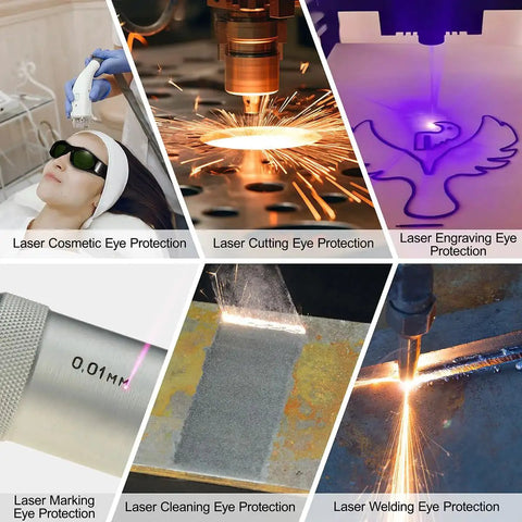 Collage showing laser cosmetic, cutting, engraving, marking, cleaning, and welding eye protection practices.