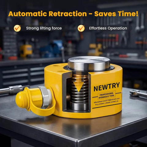 Yellow hydraulic tool on workbench in workshop, featuring automatic retraction and strong lifting force for industrial use.
