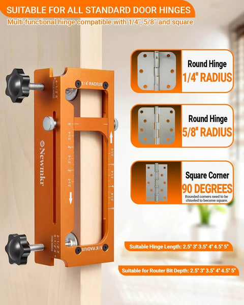 Door Hinge Jig Router Template For Universal One Quarter Inch And Five Eighth Inch Radius Hinges Aluminum Alloy Hinge Mortiser Fits Doors From Two And A Half To Five Inches Square Corner Plug And Play Ready DIY Hinge Cut And Install Tool in orange with guides for 1/4" and 5/8" radius hinges.
