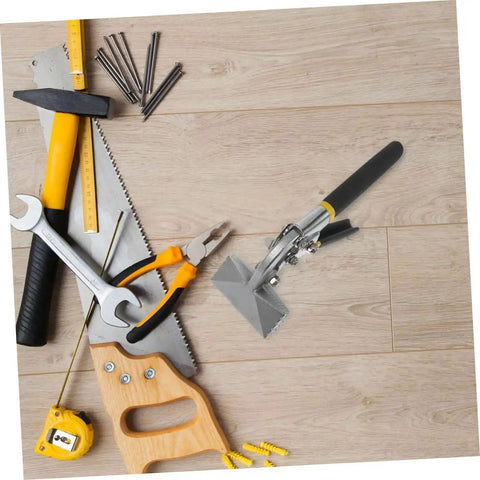 Metal Bender Hand Seamer Tool Plier for HVAC with Non Slip Handle, surrounded by various hand tools on a wooden surface.