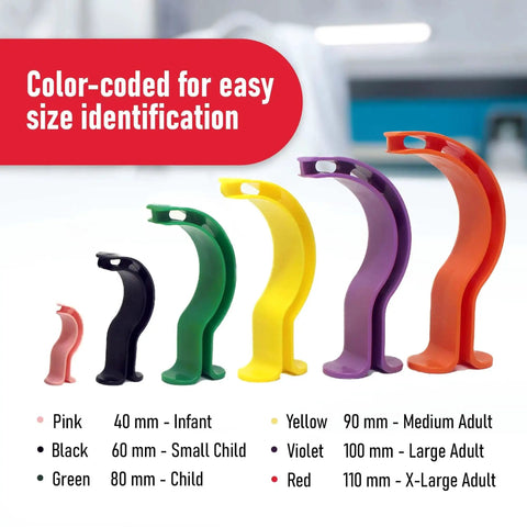 Set of color-coded oral airways in pink, black, green, yellow, violet, and red sizes for Disposable Latex Free Oral Airway Emergency Kit.