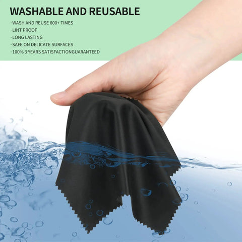 Hand holding wet black microfiber cloth; 18 Pack Multicolor Microfiber Cleaning Cloths 7x6 For Eyeglasses Lenses Phones.