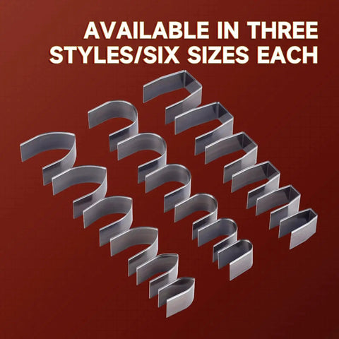 18 Piece Leather Punch Set For DIY Leatherworking With Six Sizes 15mm 20mm 25mm 30mm 35mm 38mm And Round Pointed And Square Heads Pro Grade Alloy Steel Embossing Tools For Beginners And Pros, showing all punches in six sizes across three styles, in metal finish on red background with text 'AVAILABLE IN THREE STYLES/SIX SIZES EACH'.