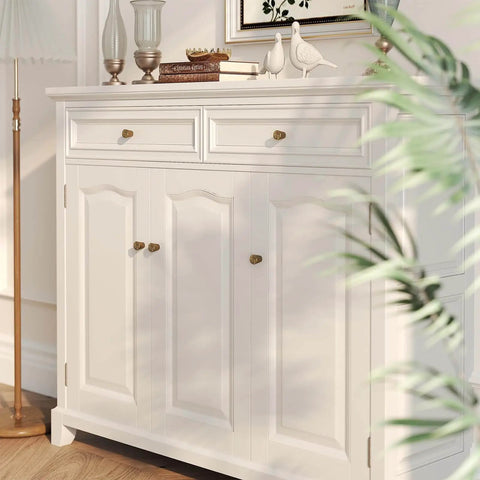 White cabinet with 10 Pack Antique Brass Cabinet Knobs Round Vintage Drawer Pulls For Kitchen Cabinets Easy Install With Included 1 Inch And 1 3 4 Inch Screws Classic Small Round Hardware For Timeless Kitchen Decor, staged in a living room.