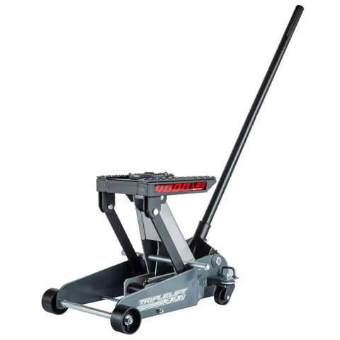 2 Ton Triple Lift Floor Jack For Cars Trucks Motorcycles ATVs And More with wide lift range and locking safety bar, side view.