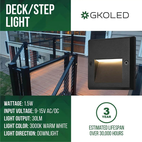 Six Pack Slim Square Low Voltage Deck Post Lights For Posts And Steps installed on fence, die-cast aluminum, black finish, warm white.