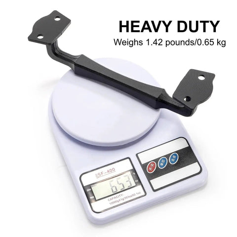 10 Inch Sliding Barn Door Handle Matte Black Cast Iron Door Pull on weighing scale showing weight of 1.42 pounds