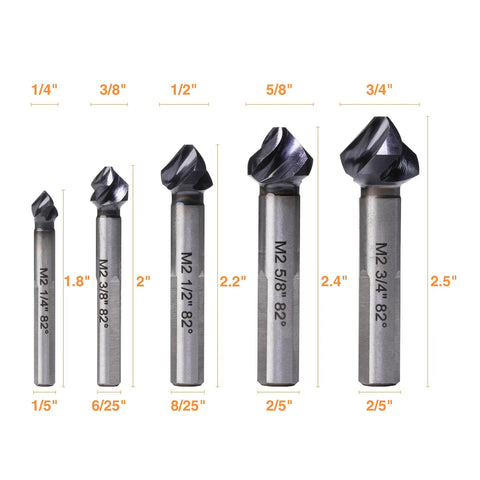Pro Grade Countersink Drill Bit Set 5 Piece M2 High Speed Steel With 82 Degree Countersink 3 Spiral Flutes Tri Flat Shank For Wood Metal Plastic Sizes One Quarter Inch Through Three Quarter Inch displayed with size measurements.