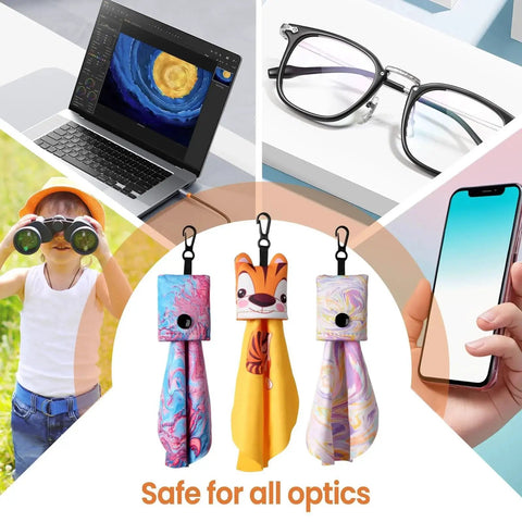 Microfiber Eyeglasses Cleaning Cloths With Neoprene Pouch 6 Pack displayed on various optical devices