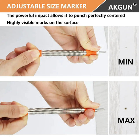 Adjustable size marker showing the One Eighth Inch High Speed Steel Hammerless Center Punch Tool used for precise drilling marks in wood.
