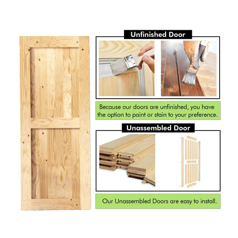 Unfinished and unassembled interior barn door shown with parts and manual for easy installation.