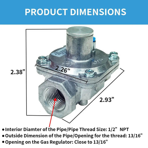 Beefy 1/2 Inch Gas Pressure Regulator dimensions showing 13/16 inch inlet and outlet openings with brass pipe fittings, model GR132 Weceleh.