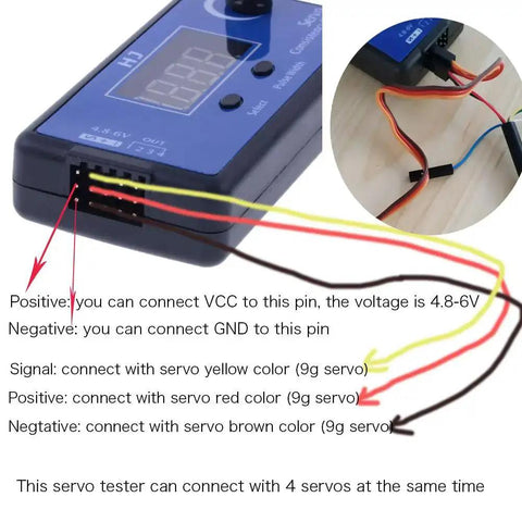 4Channel RC Servo Tester And ESC Consistency Tester With Throttle Display, wiring details for connection, 4 servos at once usage