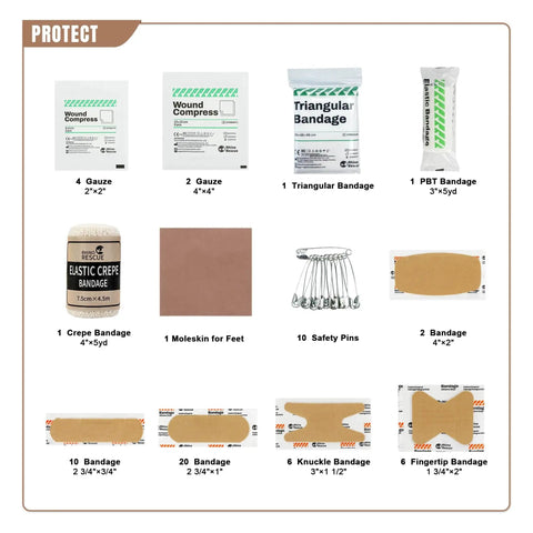 Contents of Survival First Aid Kit With Molle Pouch showing bandages, gauze, and safety pins for emergency medical gear.