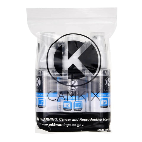 Lens And Screen Cleaning Kit With 3 Cleaning Sprays And 3 Microfiber Cloths in a clear plastic bag, brand logo visible.