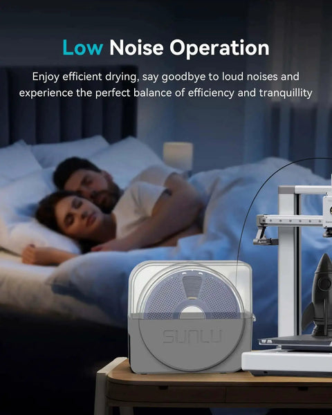 Filament Dryer Box S1 Plus with Built In Circulation Fan beside a 3D printer, promoting low noise operation for home use.