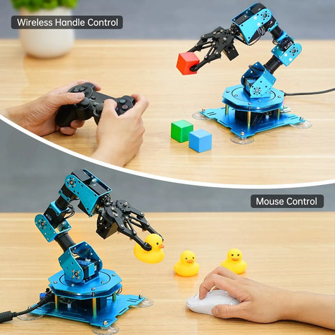 Blue metal 6-axis robotic arm kit with wireless handheld controller and mouse control on desk
