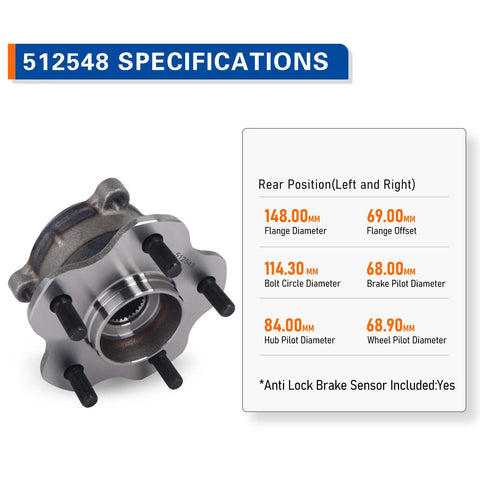 Rear Wheel Hub Bearing Assembly 512548 Drop-In Replacement For 2013 Infiniti JX35 2014-2020 Infiniti QX60 2019-2023 Nissan Altima