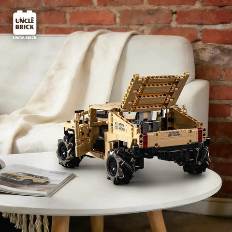 Off Road Hummer Armor RC Car Kit With 804 Pieces For A Technic Style Build displayed on a table, showing open trunk and detailed design