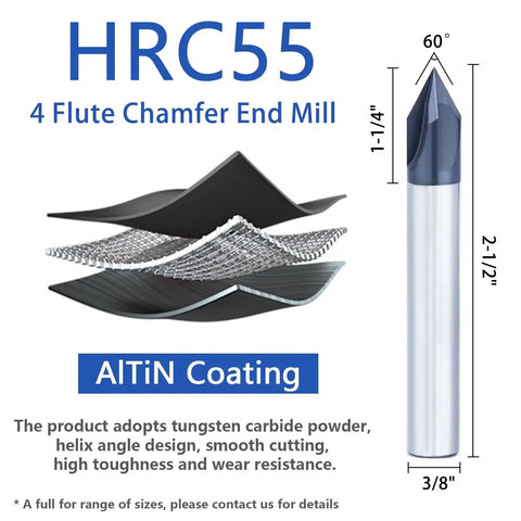 60 Degree Chamfer End Mill 3/8 Inch Carbide Chamfering Mill With 4 Flute CNC V Bit AlTiN Coated, pro grade for metals