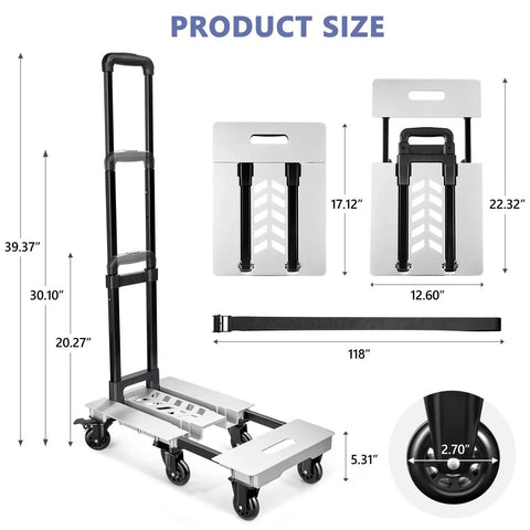 Heavy Duty Folding Hand Truck Dolly With Six Wheels For Moving Heavy Stuff, 90 And 135 Degree Foldable Cart with product size dimensions