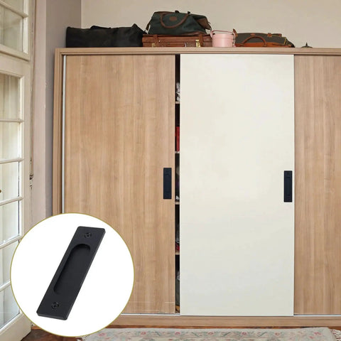 4 Pack Black Recessed Sliding Barn Door Pull Handles installed on a wooden sliding closet door, with inset detail of one matte black handle.