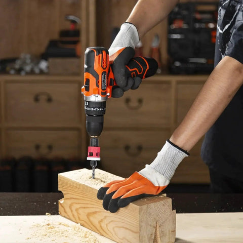 Person using Pro Grade 5 Piece Countersink Drill Bit Set With Low Friction Depth Stop HSS M2 Tapered Head on wood block