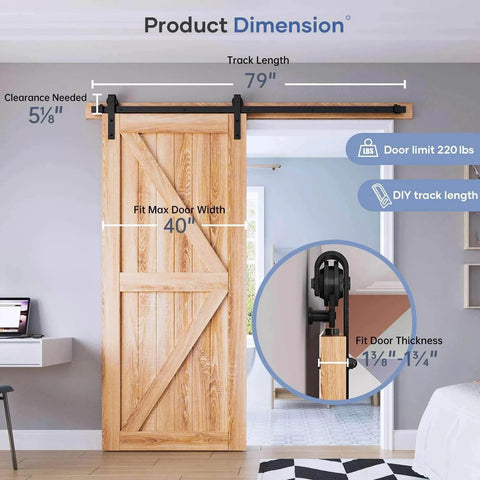 EaseLife 6.6 Ft Sliding Barn Door Hardware Track Kit With Basic J Pulley For 36 To 40 Inch Wide Single Door Aluminum Black Powder Coated Anti Corrosion Ball Bearing Rollers Smooth Quiet Glide And Easy Install shown installed on wooden door