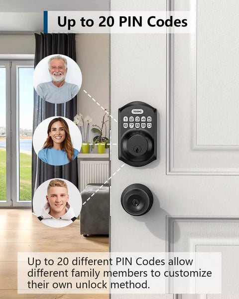 Keyless Door Lock With Keypad Smart Deadbolt Front Door Auto Lock Matte Black showing 20 PIN code feature